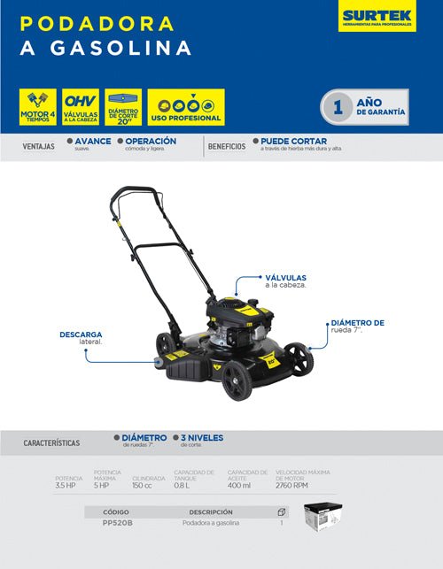 Podadora a gasolina de 5 HP, 150 cc. Capacidad de corte: 20" con sistema de descarga lateral Surtek - FERRETERÍA WITZI