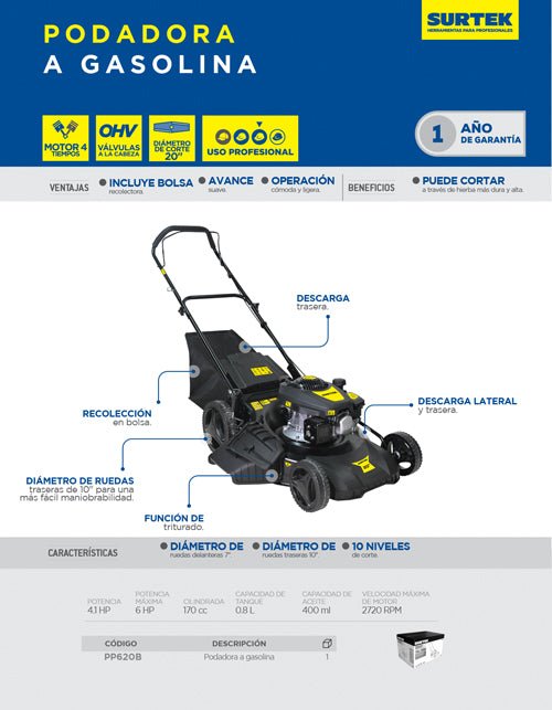 Podadora a gasolina de 6 HP, 170 cc, 20, sistema de recolección, descarga y triturado Surtek - FERRETERÍA WITZI