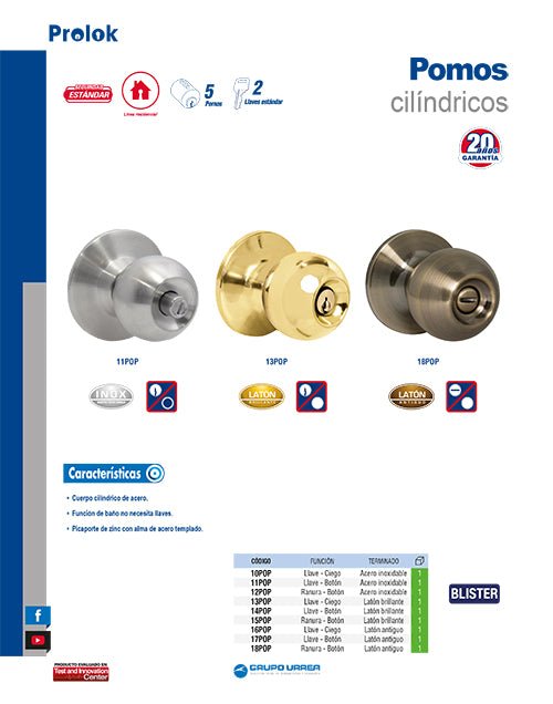 Pomo cilíndrico bola función entrada, acero inoxidable, llave estándar, blíster Prolok - FERRETERÍA WITZI