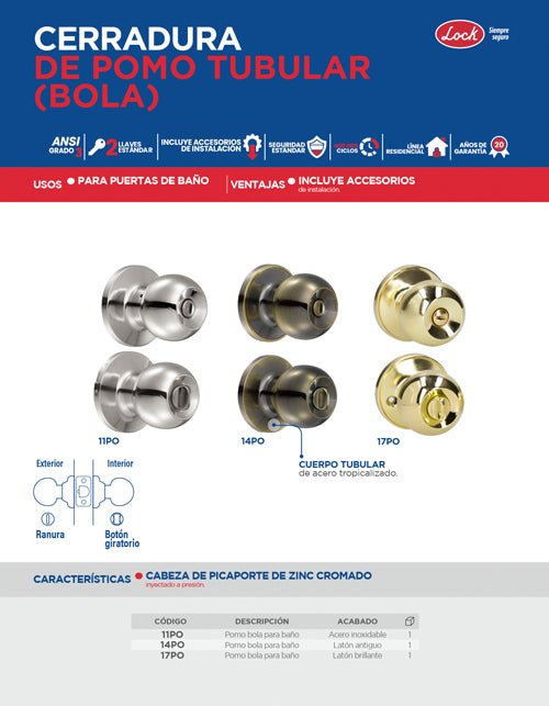 Pomo tubular bola función entrada, acero inoxidable, llave estándar, blíster Lock - FERRETERÍA WITZI