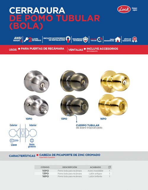 Pomo tubular copa recta función baño, acero inoxidable, llave estándar, blíster Lock - FERRETERÍA WITZI