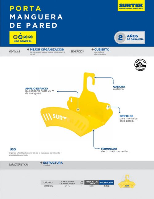 Porta manguera de pared metálico de 25m Surtek - FERRETERÍA WITZI