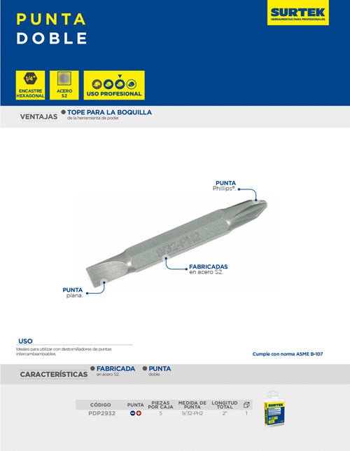 Punta doble Phillips #2 y plana 9/32" para destornillador hexágono de 1/4", 2" 5 piezas Surtek - FERRETERÍA WITZI