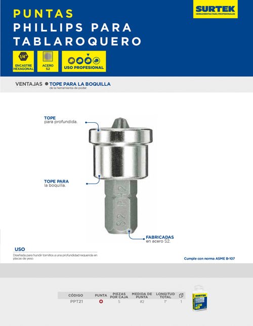 Punta Phillips para tablaroquero hexágono de 1/4", #2 x 1" 5 piezas Surtek - FERRETERÍA WITZI