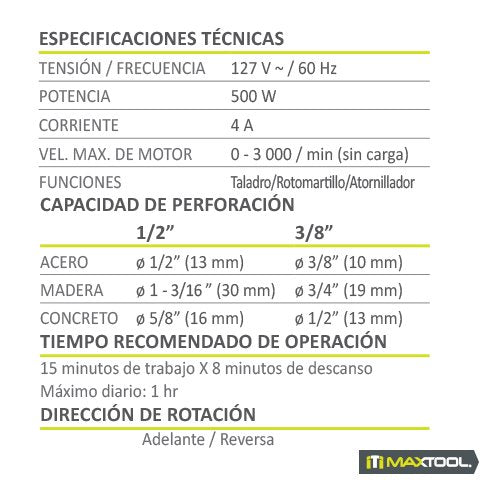 ROTOMARTILLO 500W 3/8, MAXTOOL - FERRETERÍA WITZI