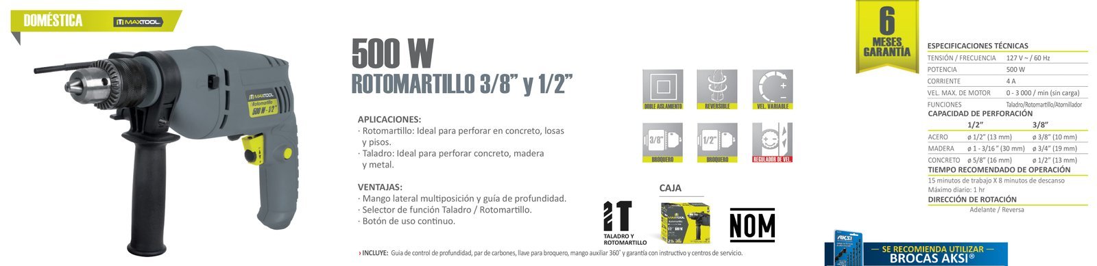 ROTOMARTILLO 500W 3/8, MAXTOOL - FERRETERÍA WITZI