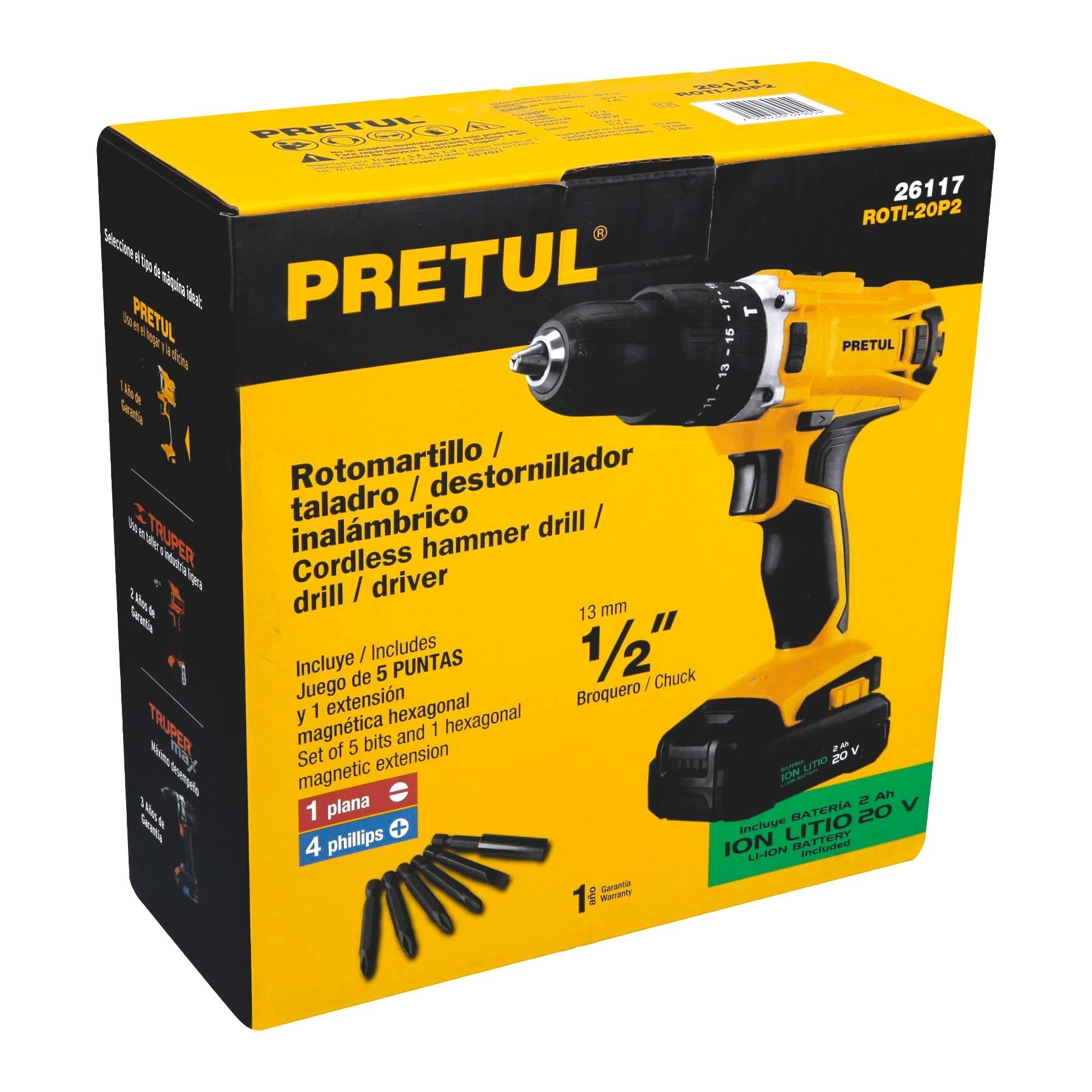 Rotomartillo inalámbrico 1/2”,batería ion litio 20V,Pretul - FERRETERÍA WITZI
