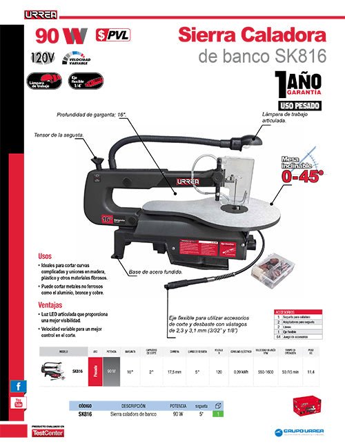 Sierra caladora de banco 16" 90 W 120 V Urrea - FERRETERÍA WITZI