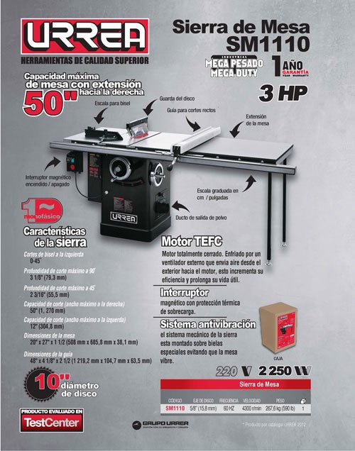 Sierra de mesa 10" 3 HP 2,250 W 220 V Urrea - FERRETERÍA WITZI