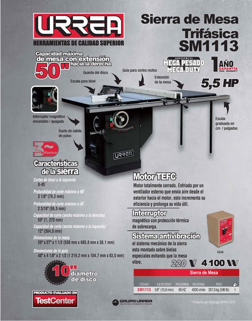 Sierra de mesa 10" 5-1/2 HP 4,100 W 220 V Urrea - FERRETERÍA WITZI