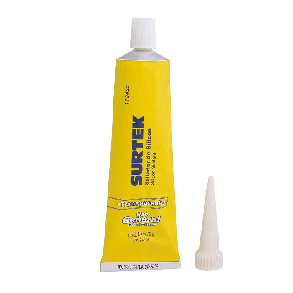 Silicón uso general color transparente en tubo, 70 gr Surtek - FERRETERÍA WITZI