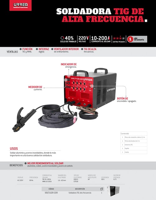 Soldadora inverter MMA/TIG alta frecuencia para aluminio y cobre, 10-200 A, 220 V, electrodos E6013 y E7018. Urrea - FERRETERÍA WITZI
