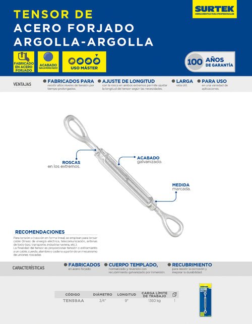 Tensor de acero forjado argolla - argolla 3/4" x 9" Surtek - FERRETERÍA WITZI