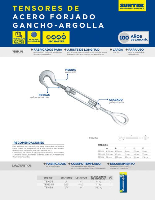 Tensor de acero forjado gancho - argolla 5/16" x 4-1/2" Surtek - FERRETERÍA WITZI
