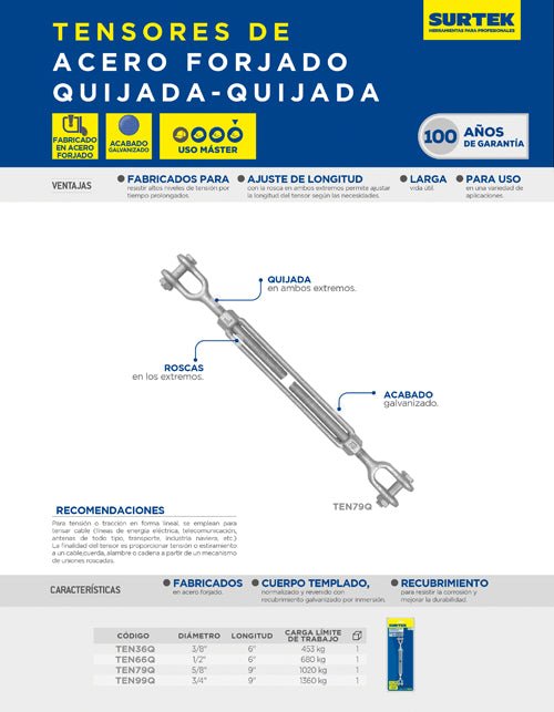 Tensor de acero forjado quijada - quijada 3/4" x 9" Surtek - FERRETERÍA WITZI