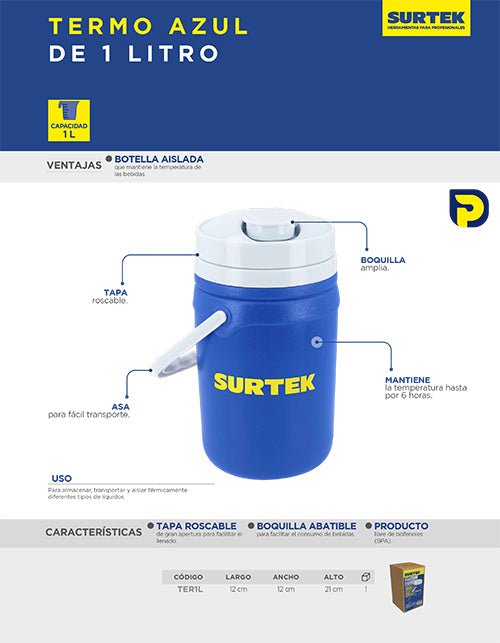 Termo 1Lt, 12 cm x 21 cm Surtek - FERRETERÍA WITZI