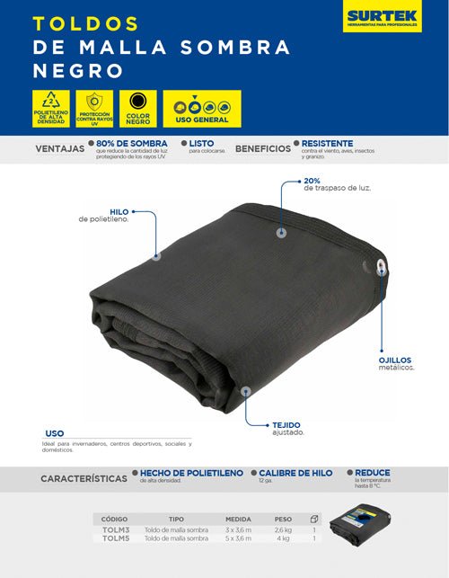 Toldo de malla sombra color negro, varias medidas Surtek - FERRETERÍA WITZI