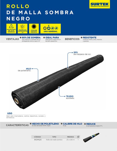 Toldo de malla sombra color negro, varias medidas Surtek - FERRETERÍA WITZI
