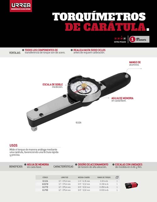 Torquímetro de carátula cuadro de 1/4", 0-30 in-lb Urrea - FERRETERÍA WITZI
