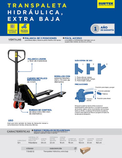 Transpaleta hidráulica 1,500 kg extra baja Surtek - FERRETERÍA WITZI