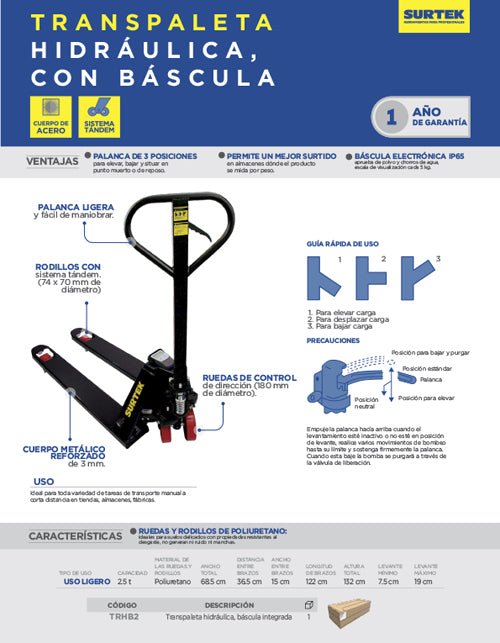 Transpaleta hidráulica 2,000 kg con báscula Surtek - FERRETERÍA WITZI
