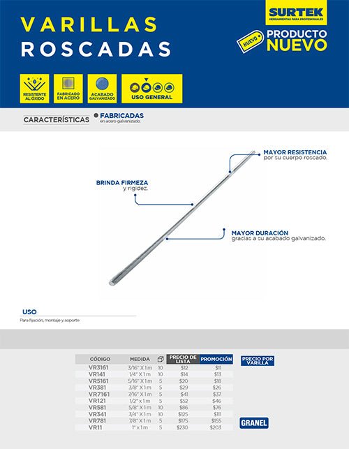 Varilla roscada, 1m Surtek - FERRETERÍA WITZI