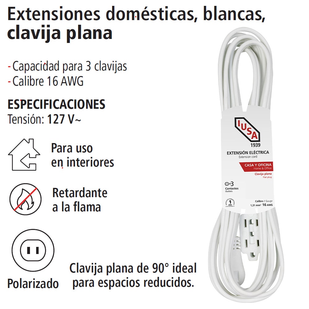 Extensión doméstica blanca clavija plana 6m iusa