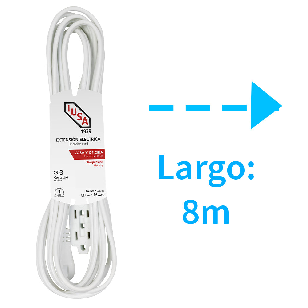 Extensión doméstica blanca con clavija plana de 8m IUSA