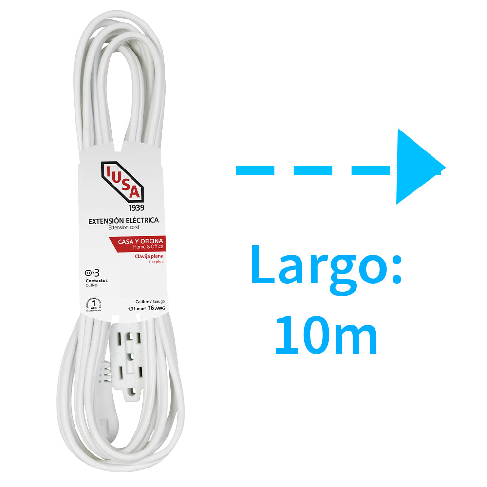 Extensión doméstica blanca clavija plana 10m IUSA