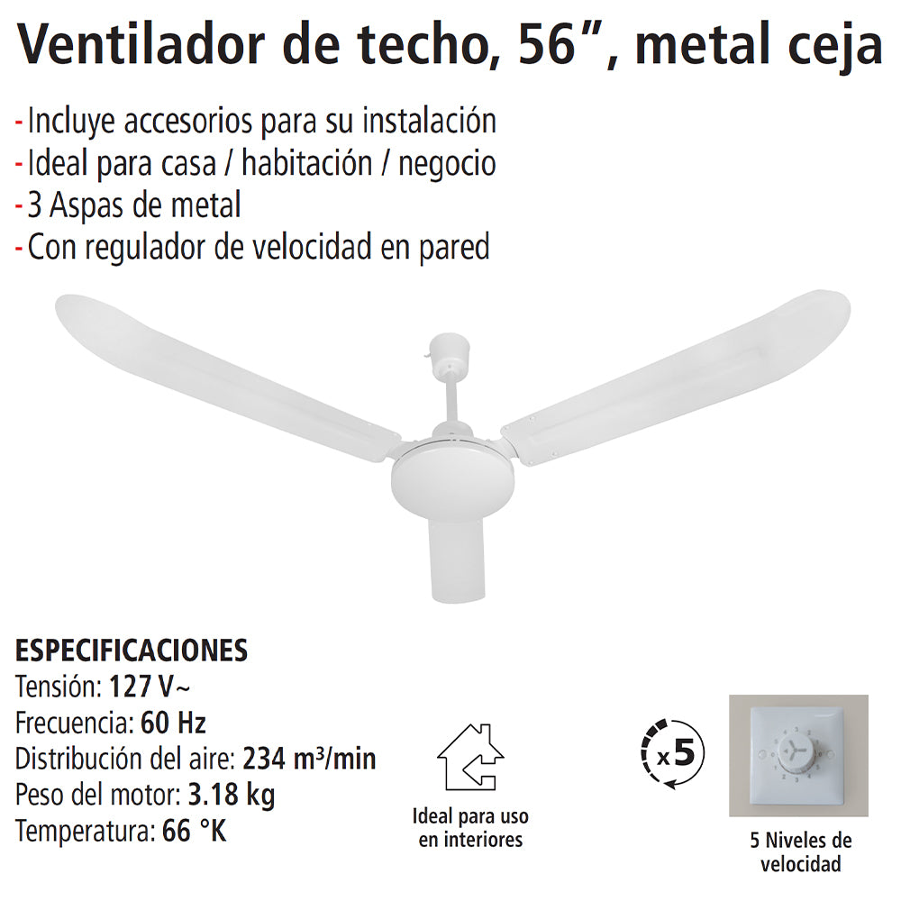 VENTILADOR DE TECHO METAL CEJA BCO 56" 64W 5 VELOCIDADES IUSA