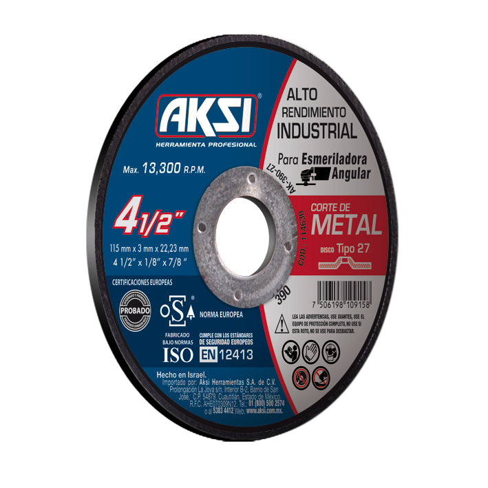 Disco corte de metal 4 1/2" x 3mm, tipo 27- Alto Rendimiento AKSI