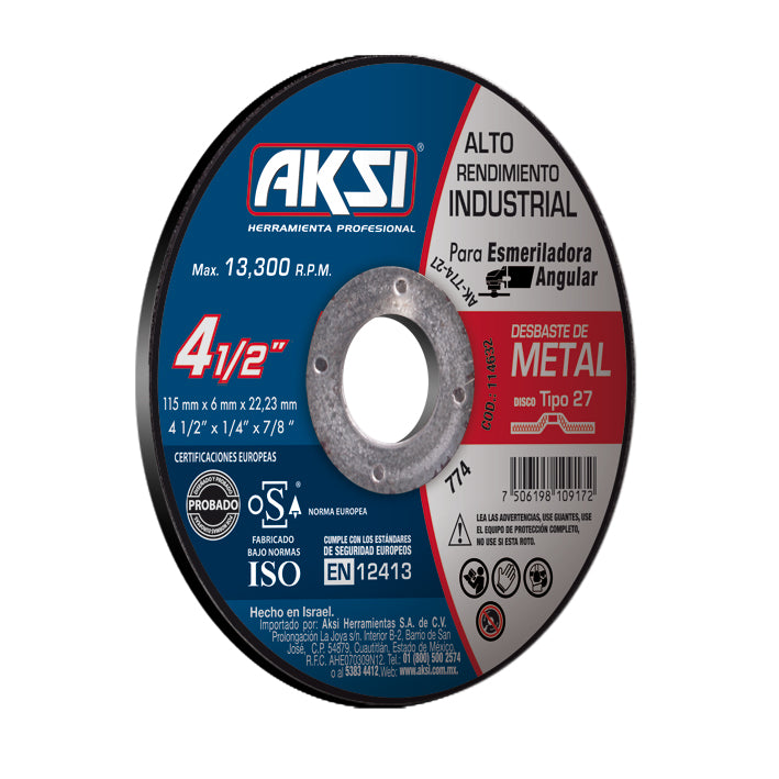 Disco desbaste de metal 4 1/2" x 6mm, tipo 27- Alto Rendimiento AKSI