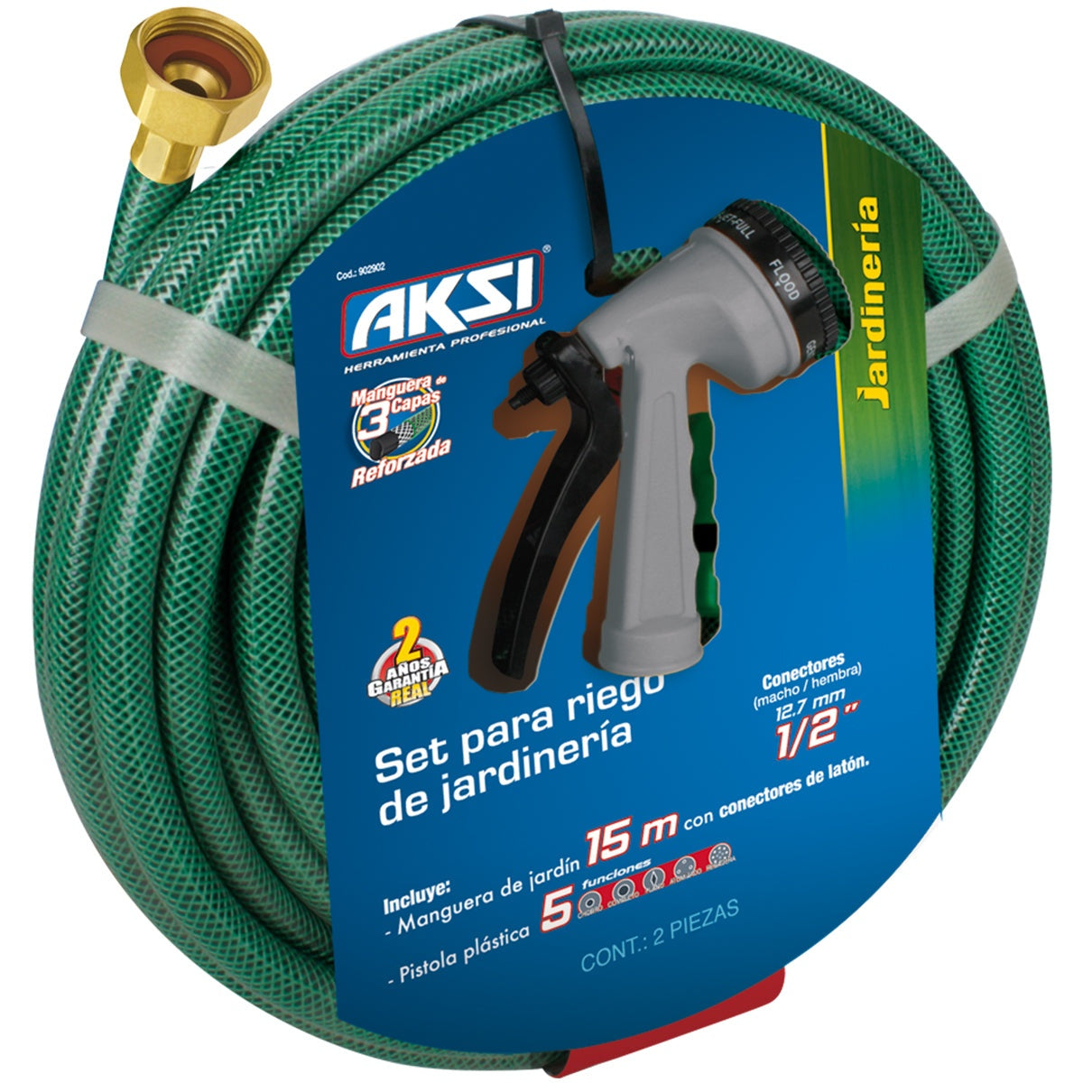 Kit manguera de jardin 15 mts con pistola de riego de 5 funciones AKSI