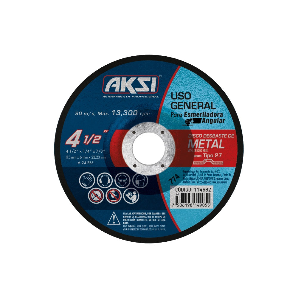 Disco desbaste de metal 4 1/2" x 6mm, tipo 27 - Uso General AKSI