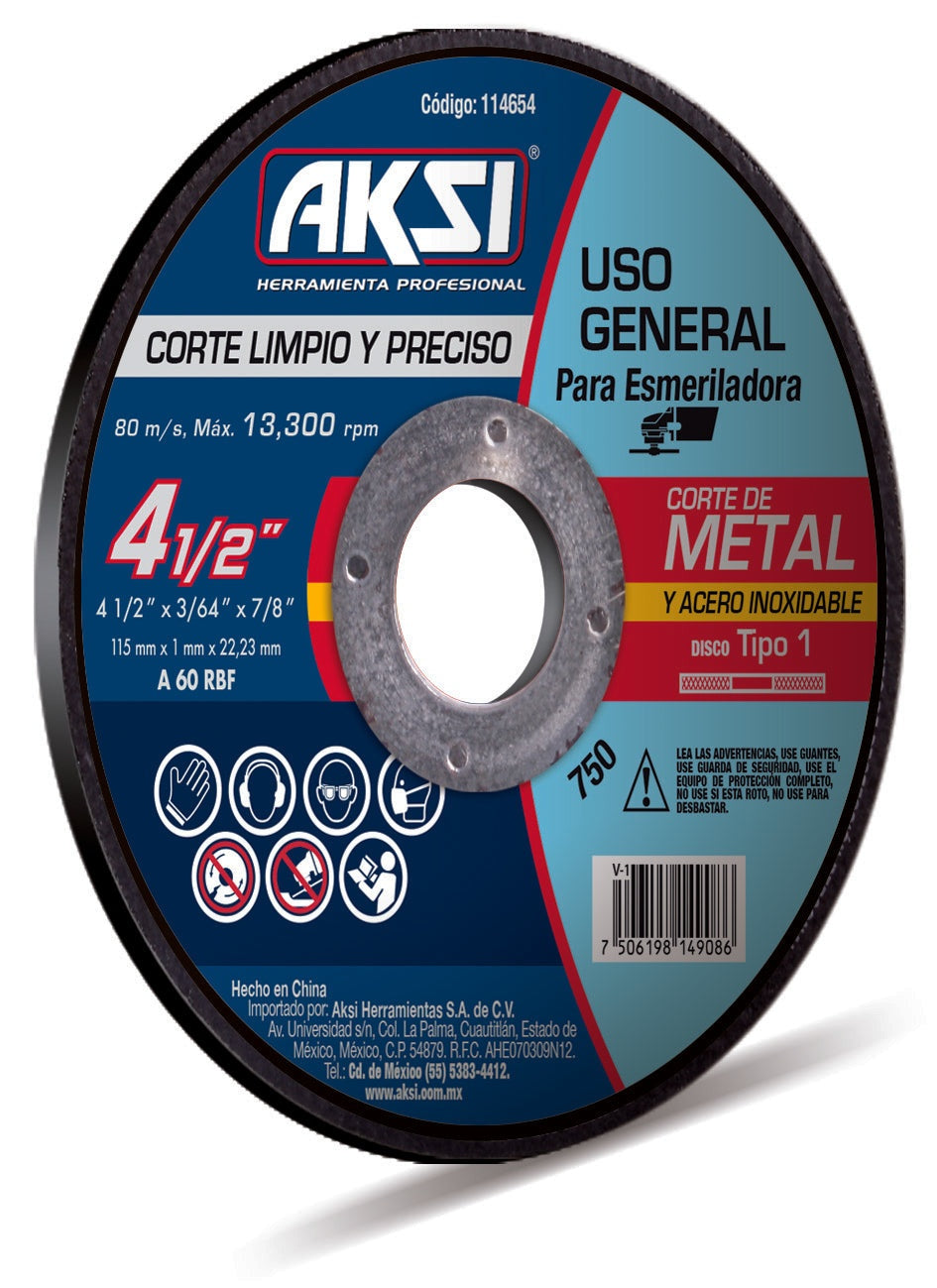 Disco corte de metal y acero inox. 4 1/2" x 1 mm, tipo 1 - Uso General AKSI