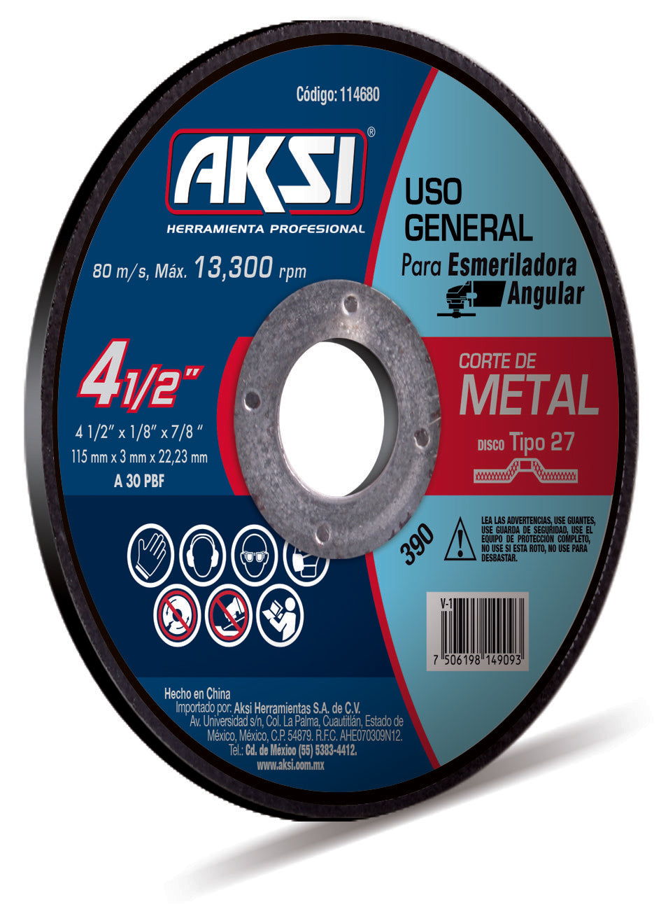 Disco corte de metal 4 1/2" x 3mm, tipo 27 - Uso General AKSI