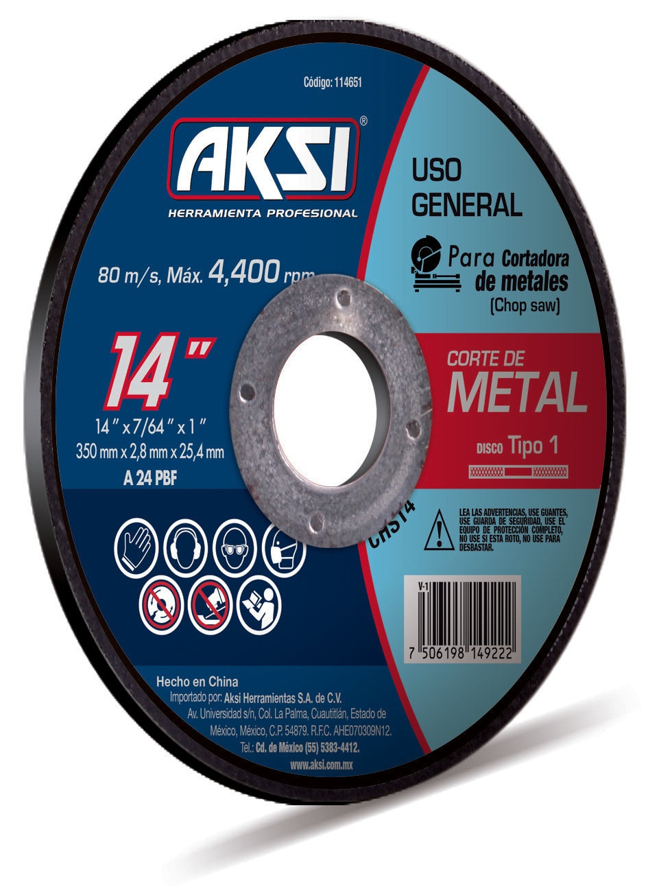 Disco corte de metal 14" Chop saw, tipo 1 - Uso General AKSI