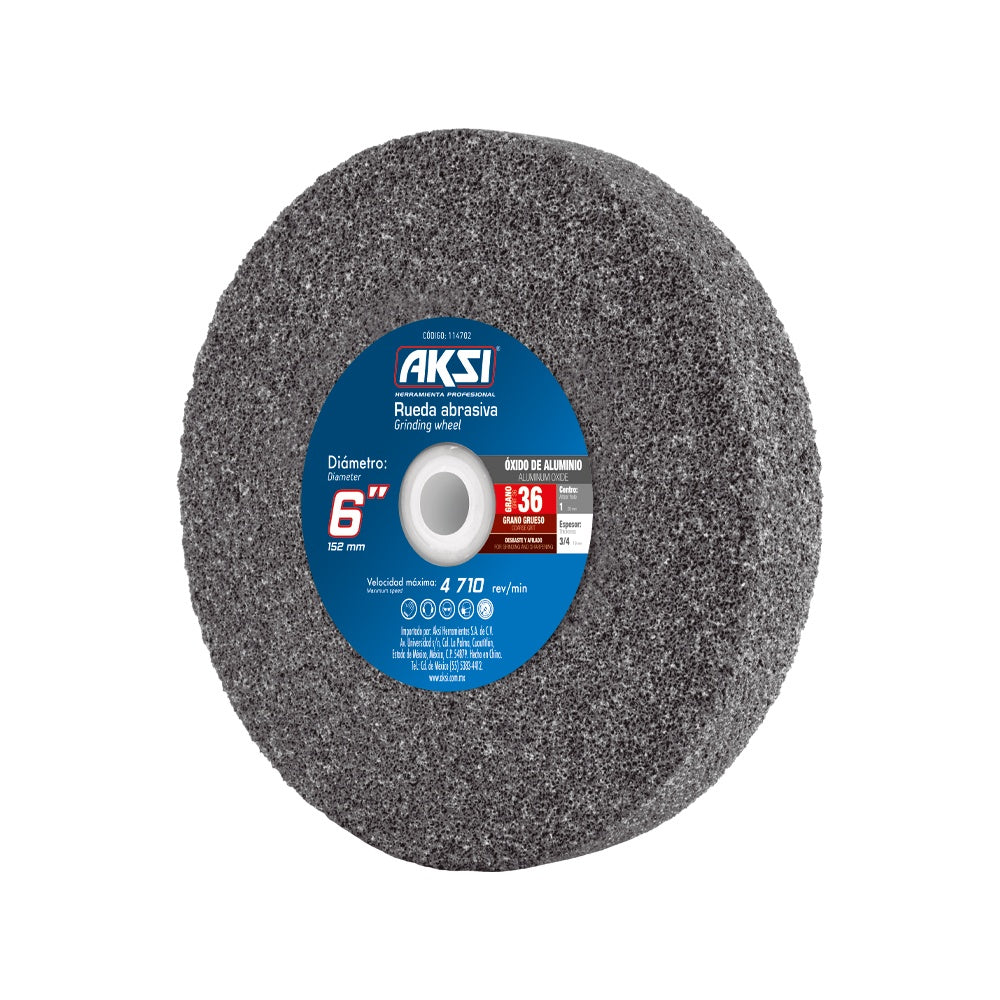 Rueda abrasiva para esmeril, Oxido de Aluminio, 6" x 3/4" x 1", Grano 36 AKSI