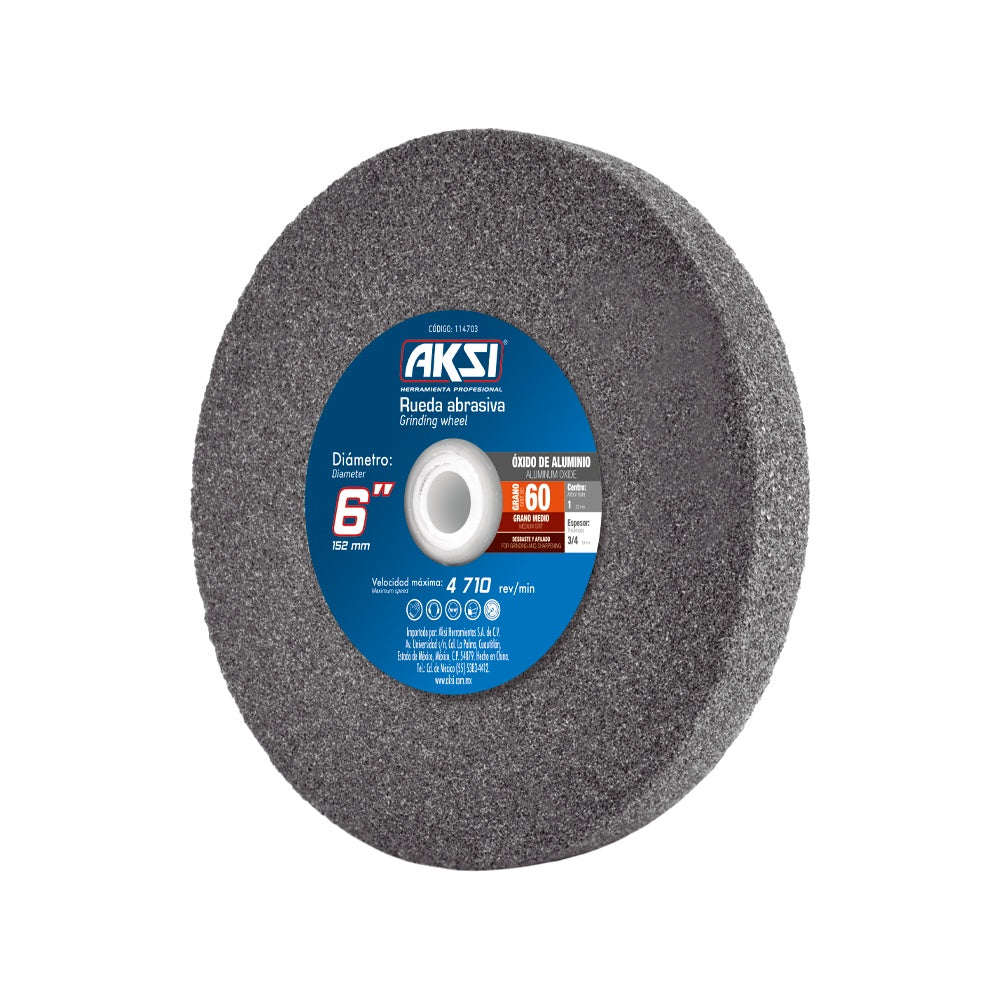 Rueda abrasiva para esmeril, Oxido de Aluminio, 6" x 3/4" x 1", Grano 60 AKSI
