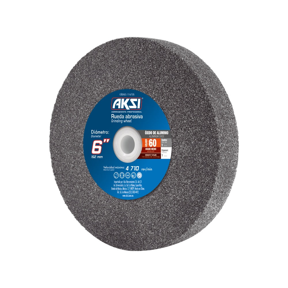 Rueda abrasiva para esmeril, Oxido de Aluminio, 6" x 1" x 1", Grano 60 AKSI