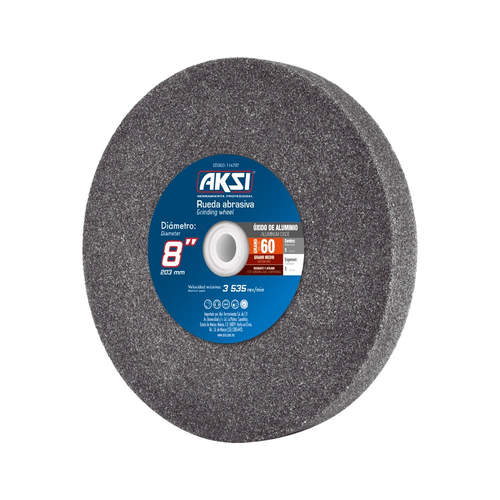 Rueda abrasiva para esmeril, Oxido de Aluminio, 8" x 1" x 1", Grano 60 AKSI