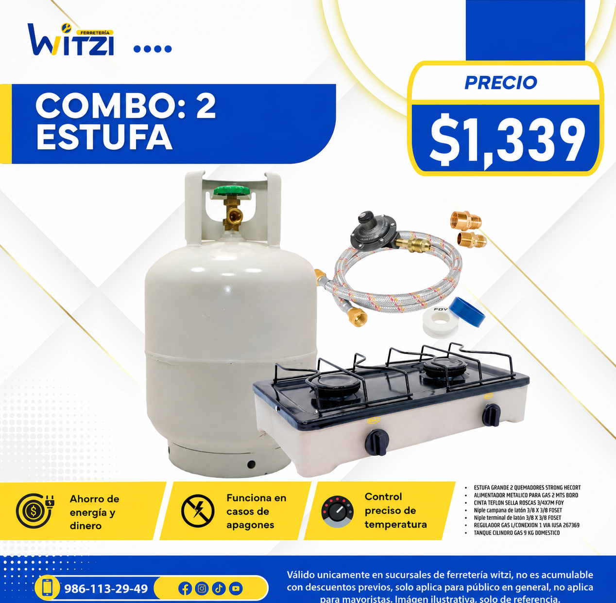 COMBO 2 Estufa de 2 quemadores y tanque para gas grande con accesorios.
