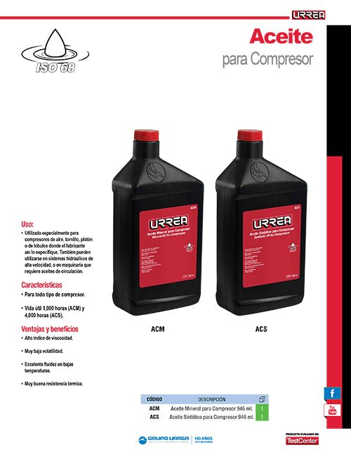 Aceite mineral para compresor 946 ml Urrea - FERRETERÍA WITZI