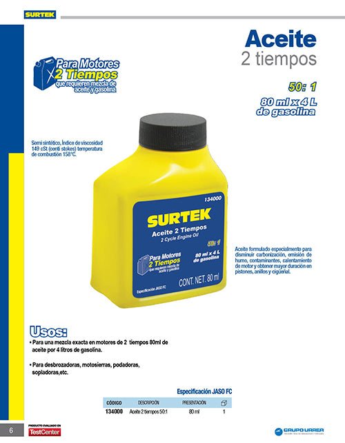 Aceite semi sintético dos tiempos 50:1, 80 ml Surtek - FERRETERÍA WITZI