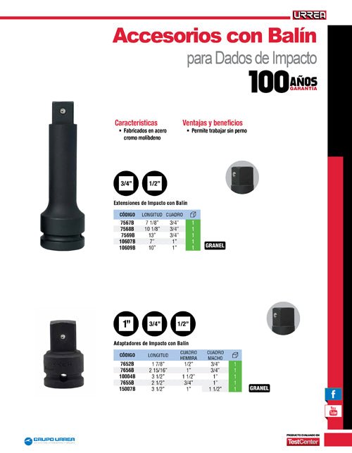 Adaptador con barreno pasado para dado de impacto cuadro de 1-1/2" hembra a 1" macho Urrea - FERRETERÍA WITZI