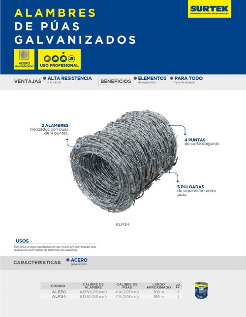 Alambre de púas calibre 12.5, 360 m, 34 kg Surtek - FERRETERÍA WITZI