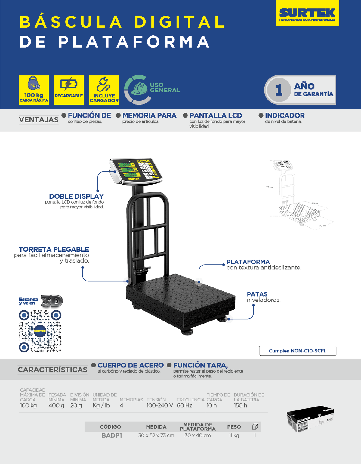 Ficha técnica de báscula digital de plataforma 100 kg Surtek BADP1