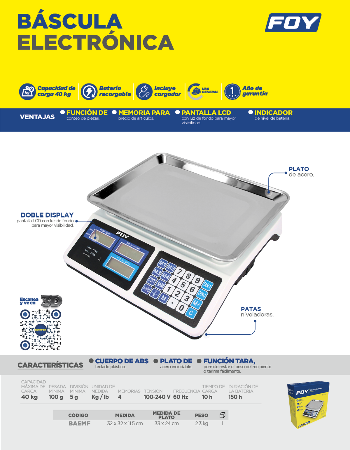 Ficha técnica de báscula electrónica 40 kg Foy BAEMF