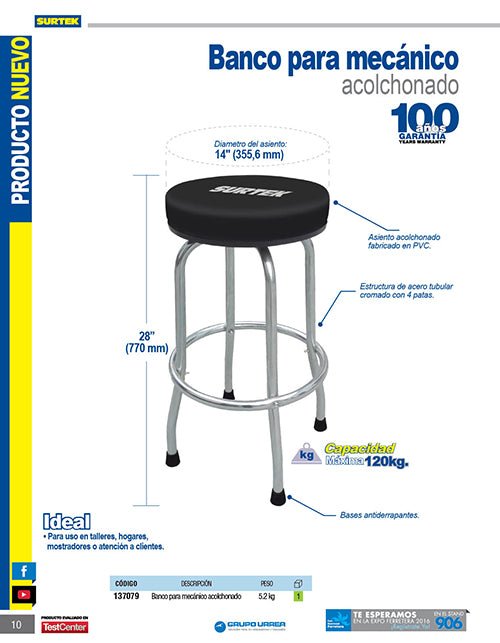 Banco para mecánico acolchonado, 770 mm Surtek - FERRETERÍA WITZI