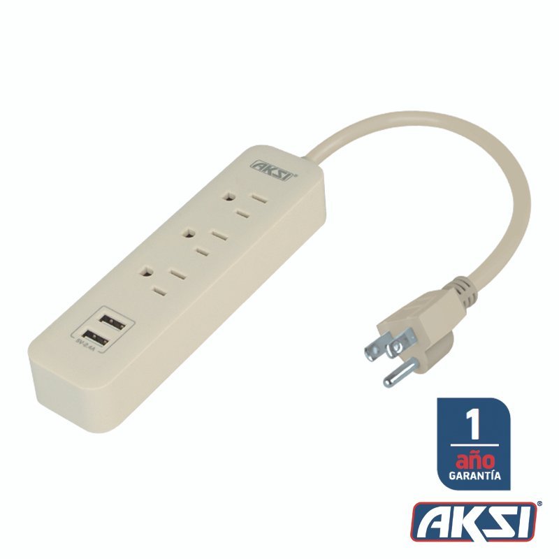 Barra multicontacto 3 entradas y 2 puertos USB, cable 50 cm 16 AWG, 300 Joules Aksi - FERRETERÍA WITZI